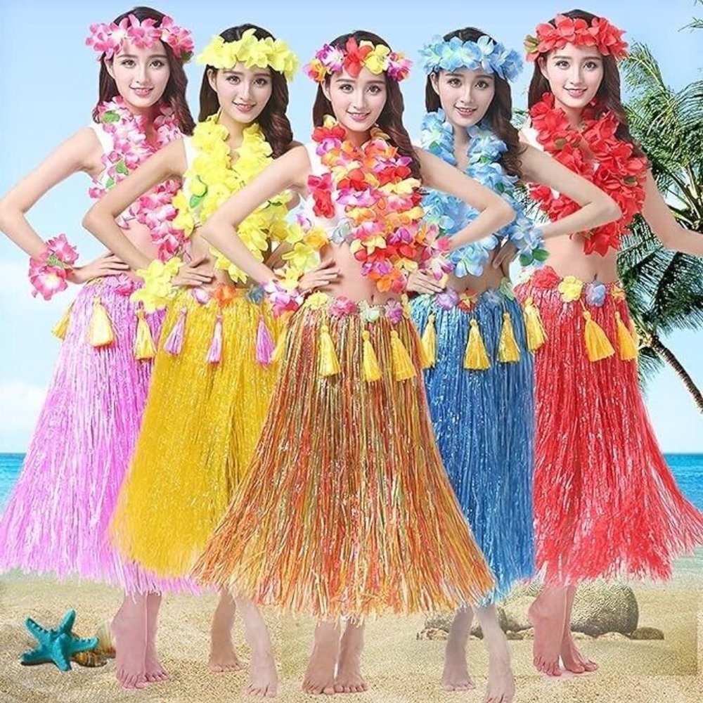 NEW ! 8 Pieces Hula Skirt Set Hawaiian Beach Party Elastic Outfits with Flower